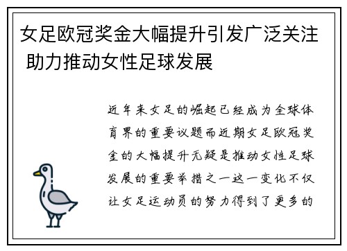 女足欧冠奖金大幅提升引发广泛关注 助力推动女性足球发展